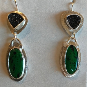 Burmese Green Jade & Black Drusy Earrings