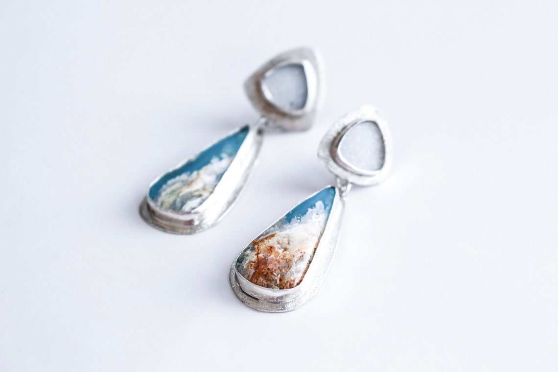 White Druzy and Coral Sea Agate Earrings